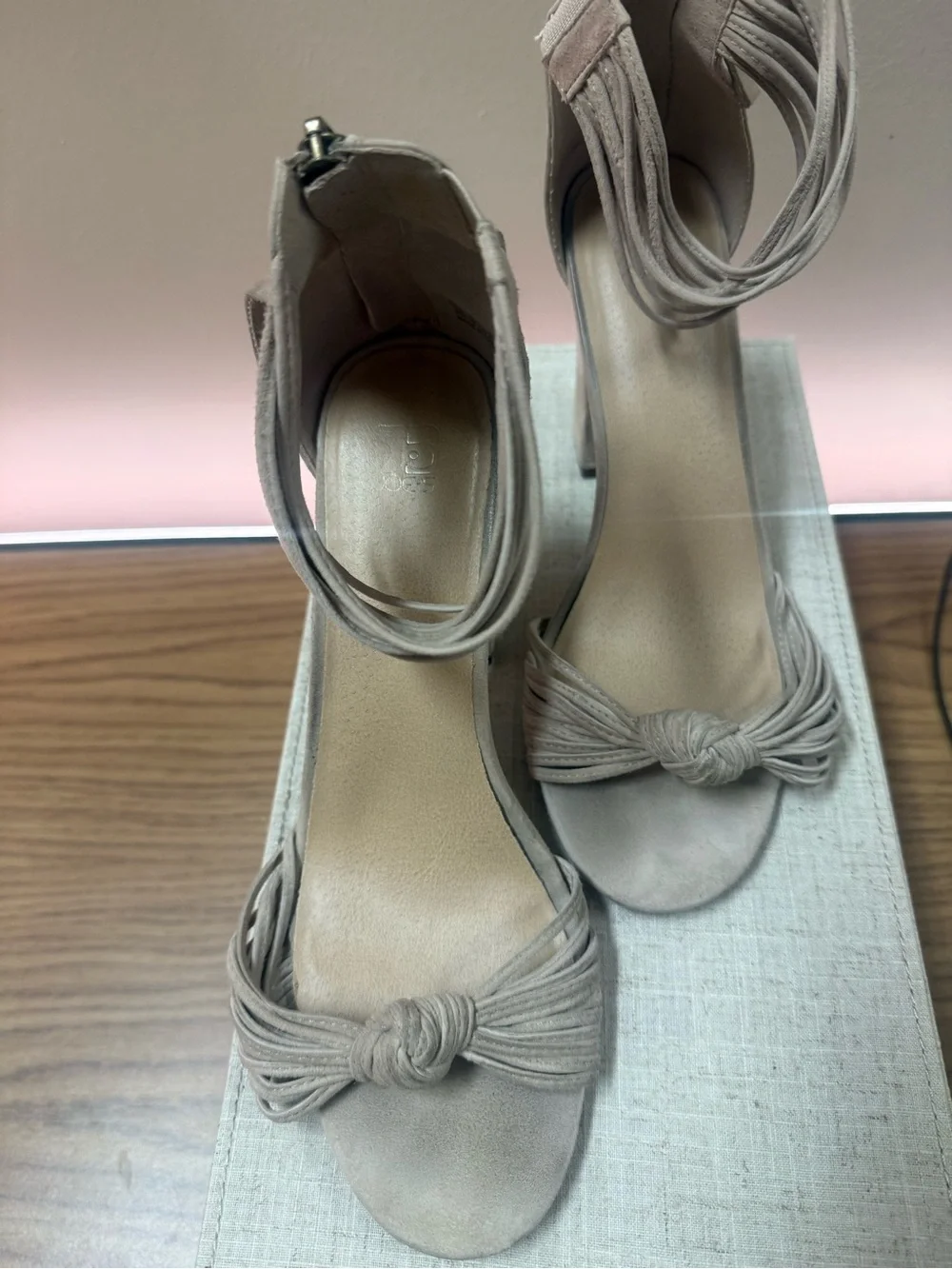 Knot Front Ankle-Tie Block Heel Sandals - Taupe